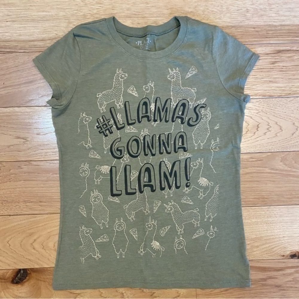 Olive Green Llama Short Sleeve Tee Shirt Girls Size Medium 7/8 Children’s Place